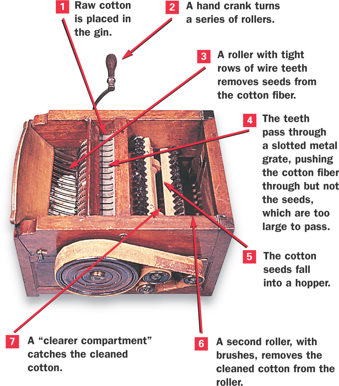 A photo shows a cotton gin, a wooden box with a handcrank on the outside and wire teeth on the inside. The labels explain how it works.