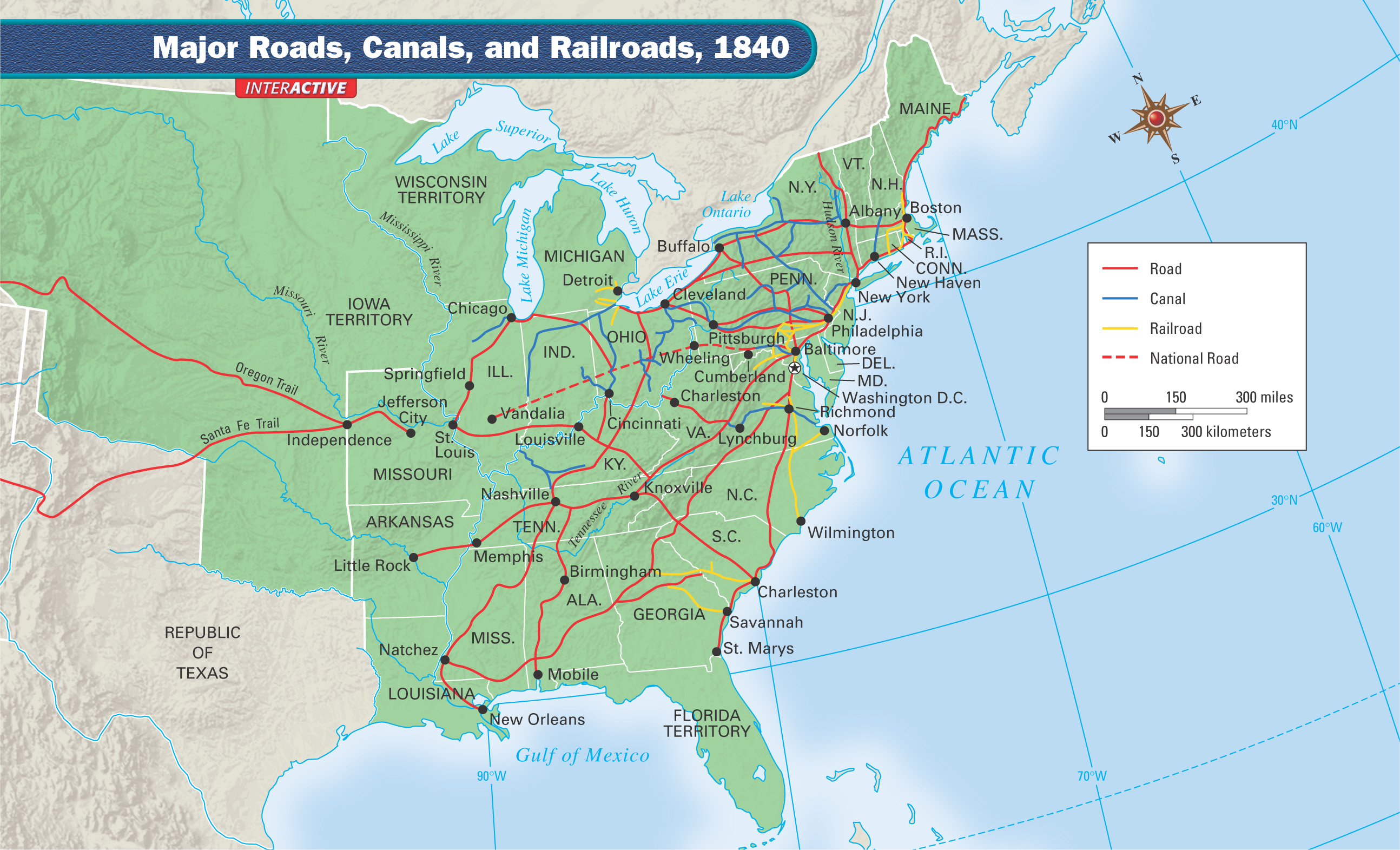 A map of the eastern U.S. shows the major roads, canals and railroads in 1840.