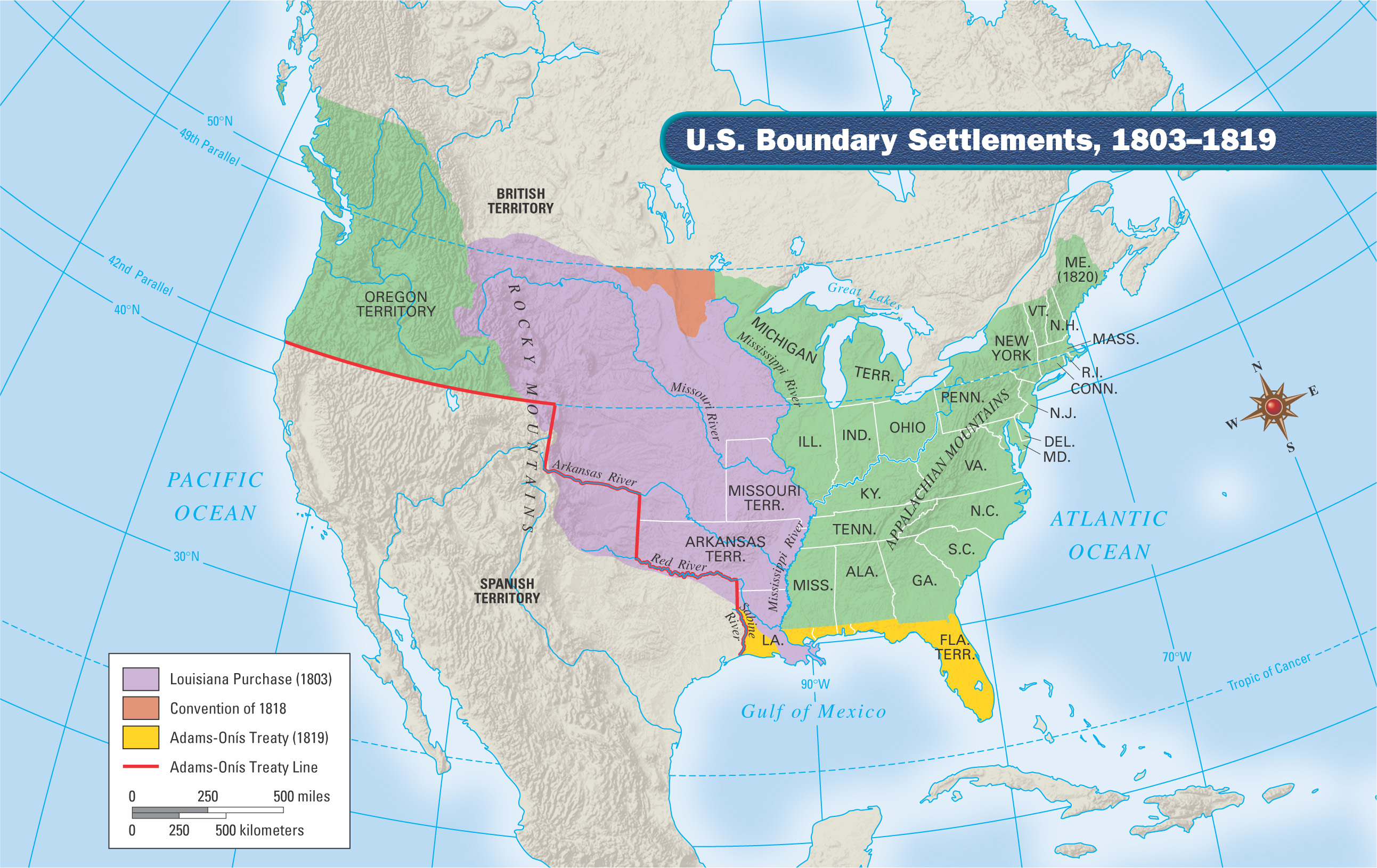 A map of North America is titled U.S. Boundary Settlements,
1803-1819.
