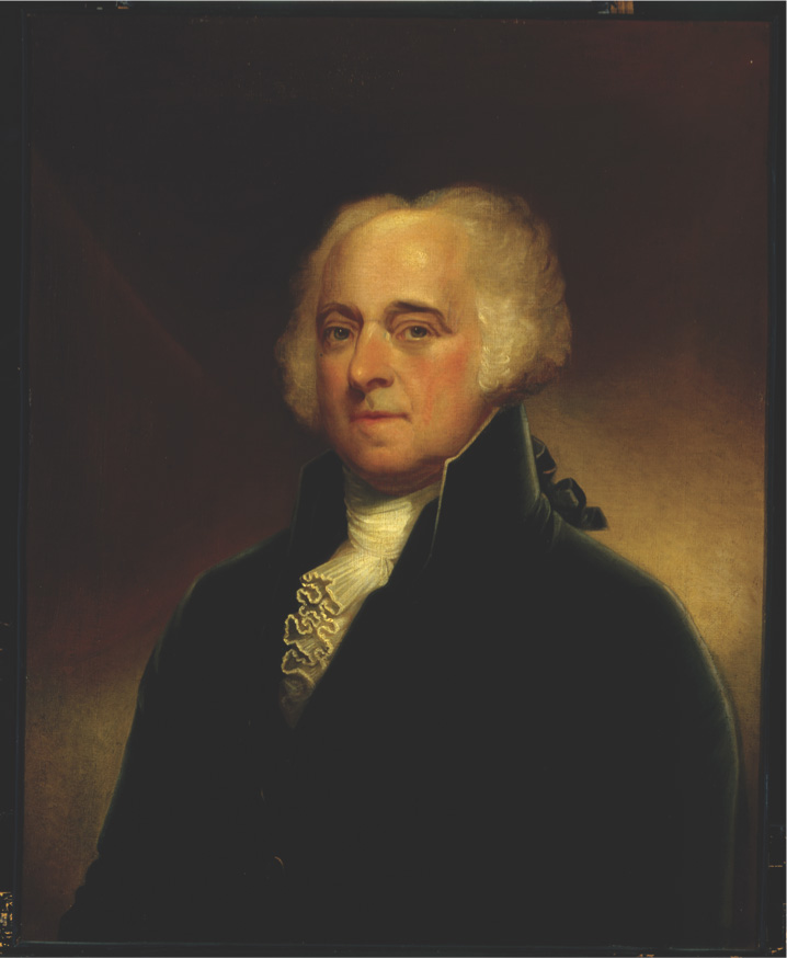 A painting shows John Adams with receding white hair.