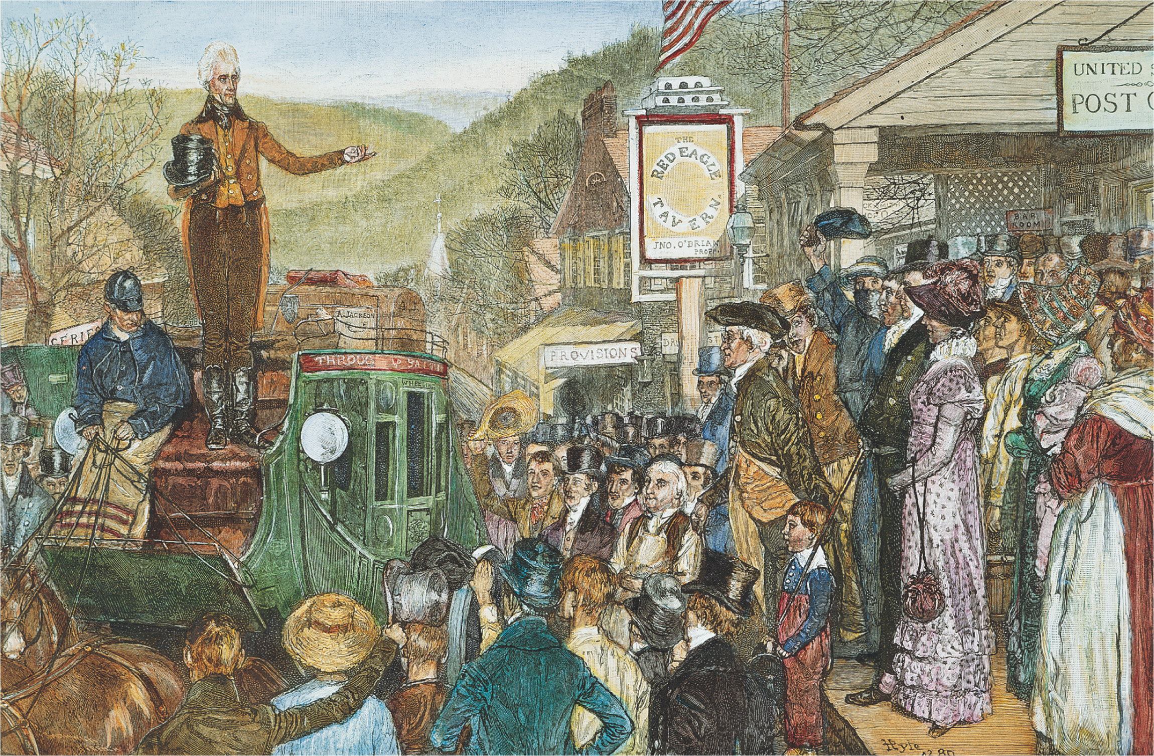 A painting: Andrew Jackson stands and waves from the front
seat of a carriage as it drives past a crowd in a village.