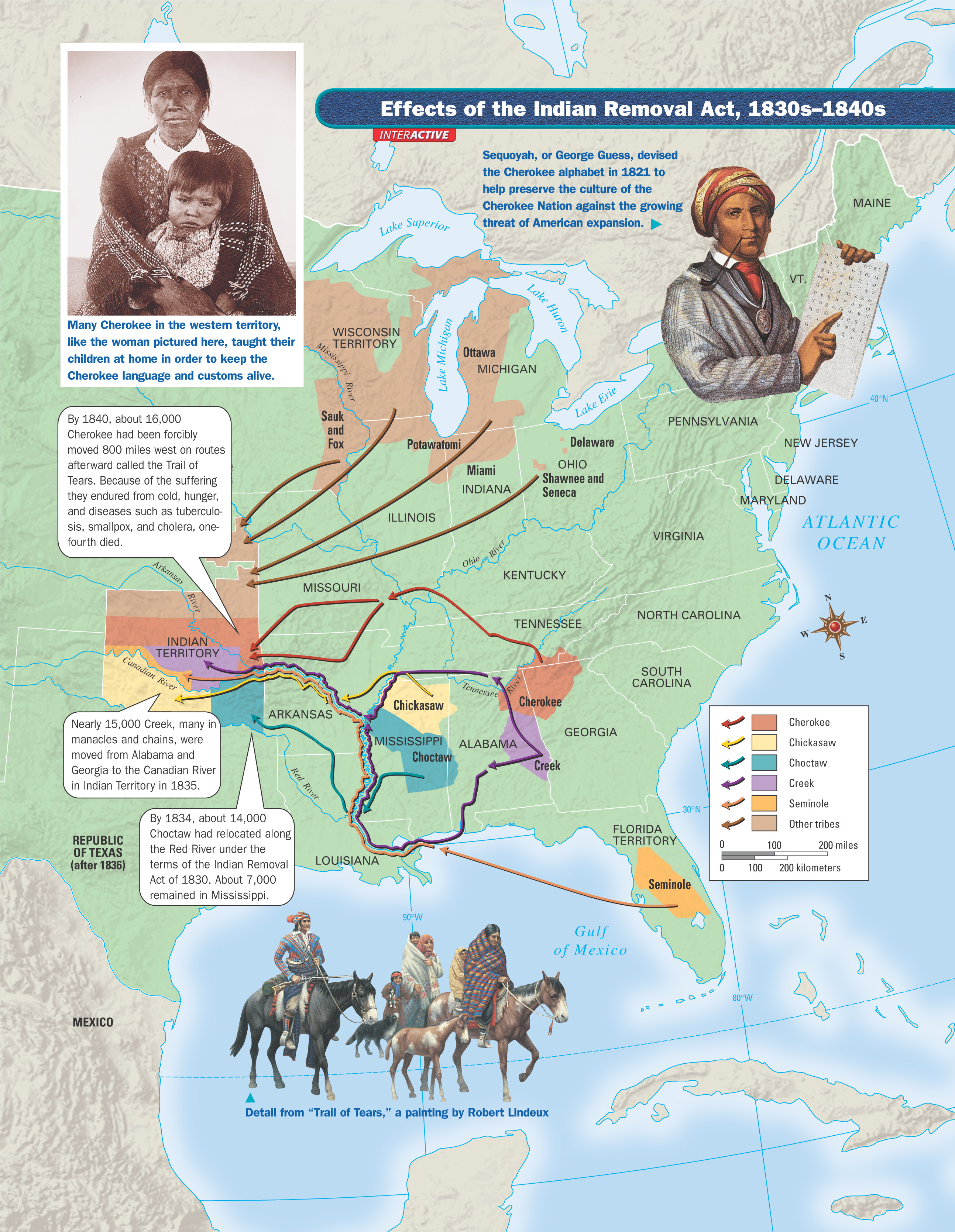 A map titled Effects of the Indian Removal Act,
1830s-1840s.