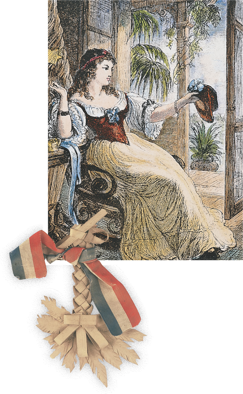 A painting: a woman in a long
dress sits on a porch, holding a hat with an emblem on it. The painting is overlaid with a photo of
a red, white and blue ribbon wrapped around a palmetto-leaf emblem.