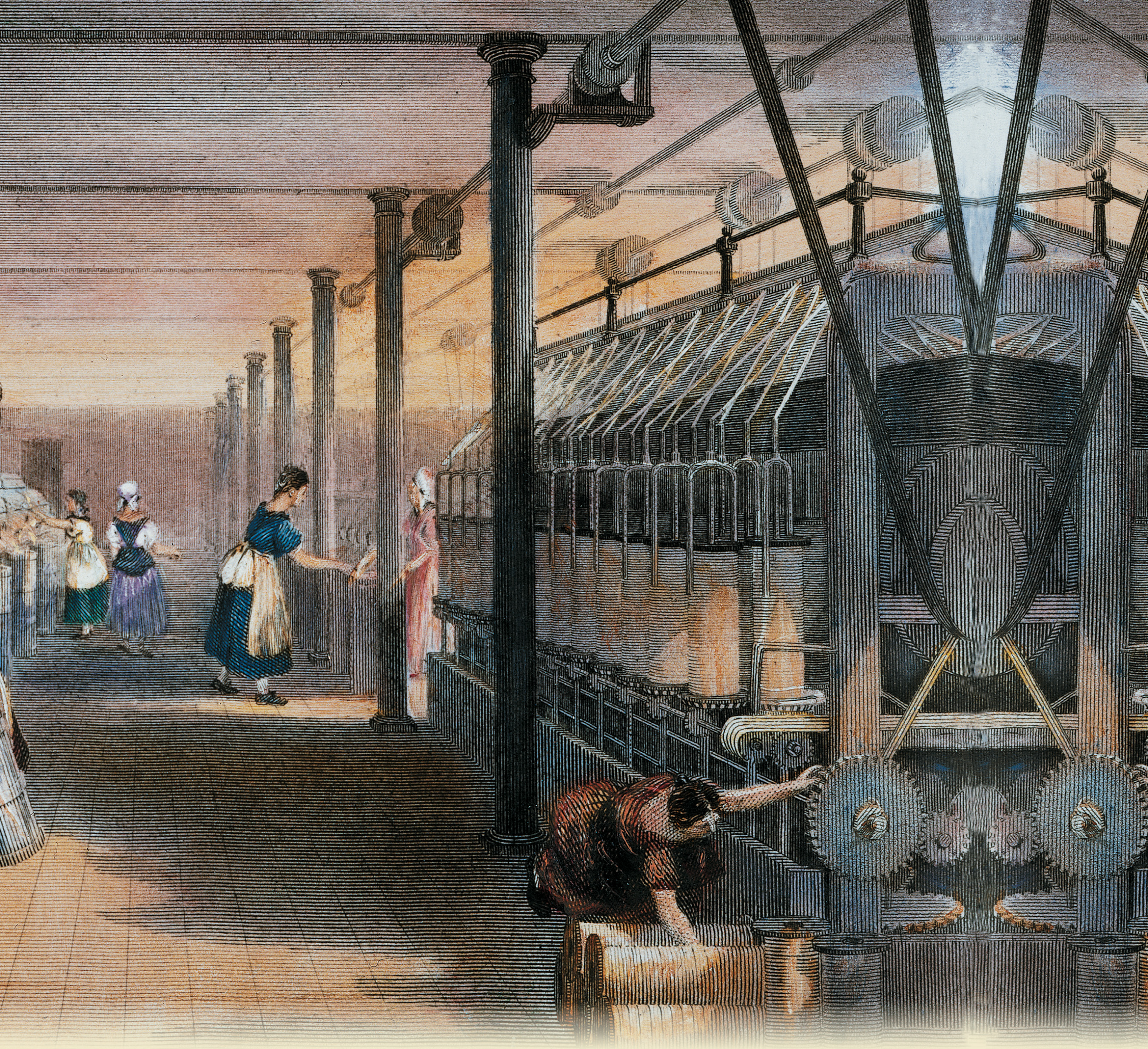 An emgraving shows women
working in a textille factory.