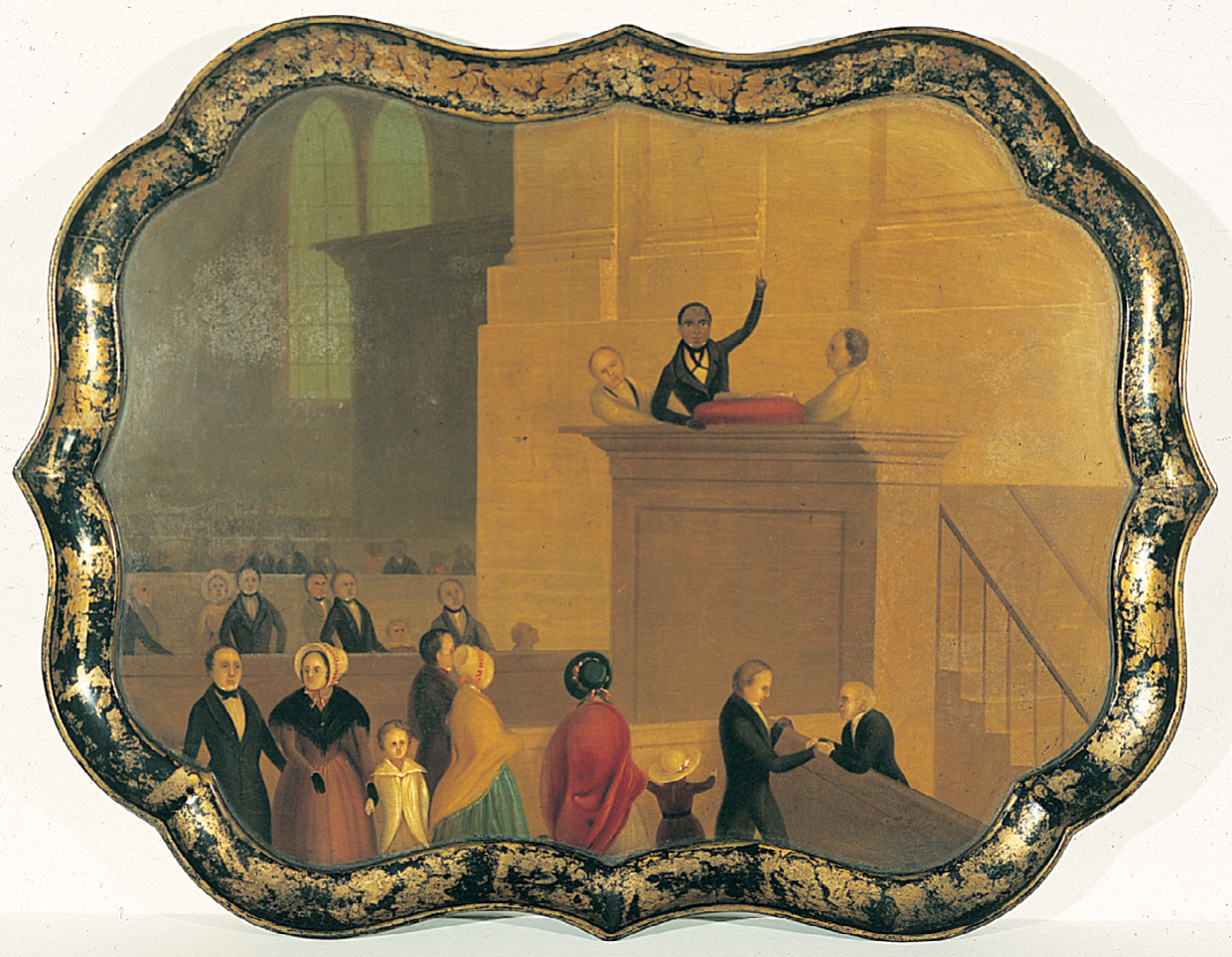 A painting on a tray shows an African-American man speaking
in a church.