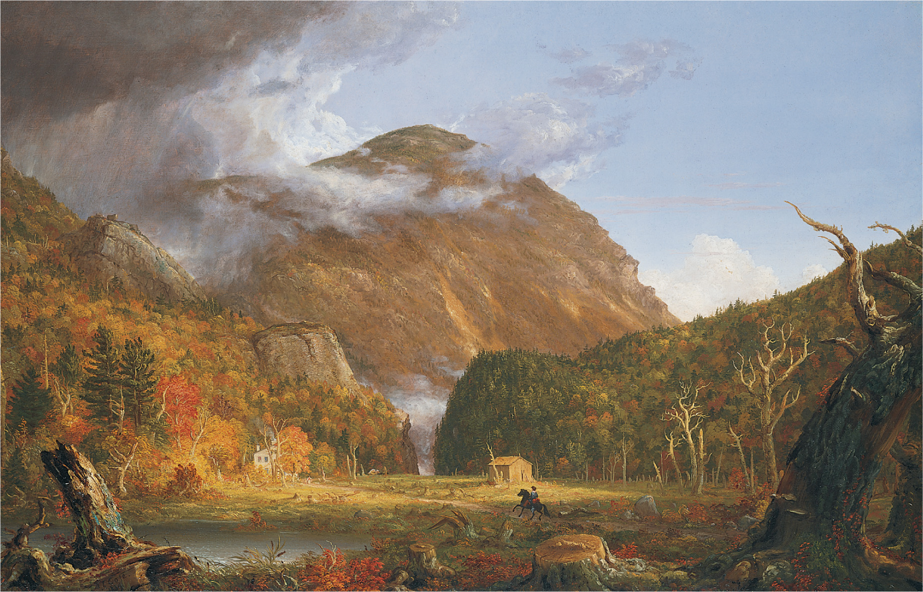 A painting: wispy clouds
hang in the sky near the top of a green mountain. Below, a cabin stands by a narrow opening between
two high, tree-covered ridges.