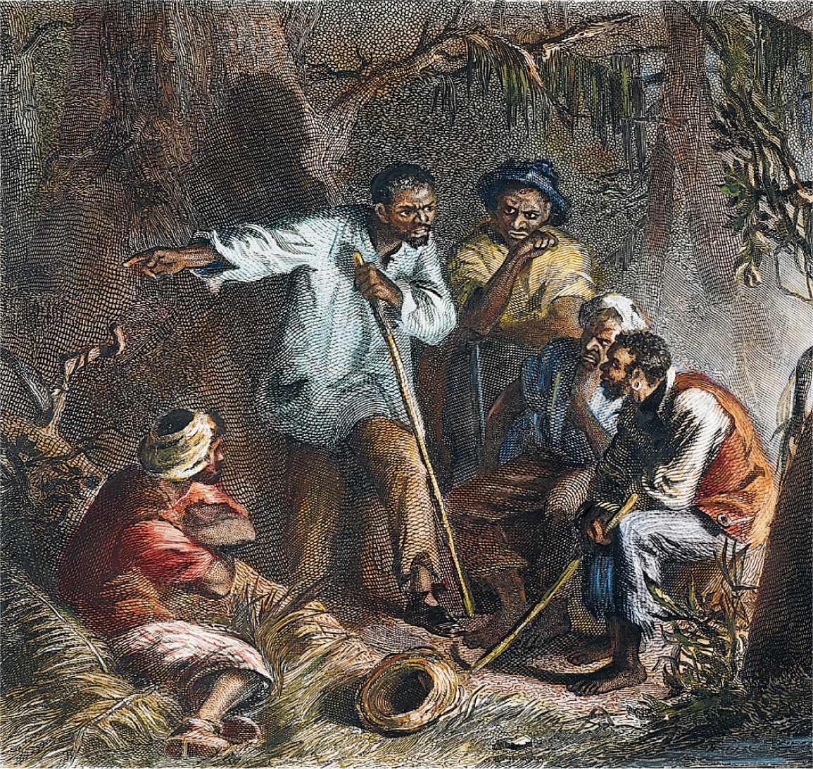 A drawing shows Nat Turner speaking to other slaves in a
clearing in the woods.