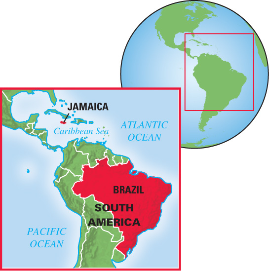A map shows South American and the Caribean. Jamaica and Brazil are highlighted in red.