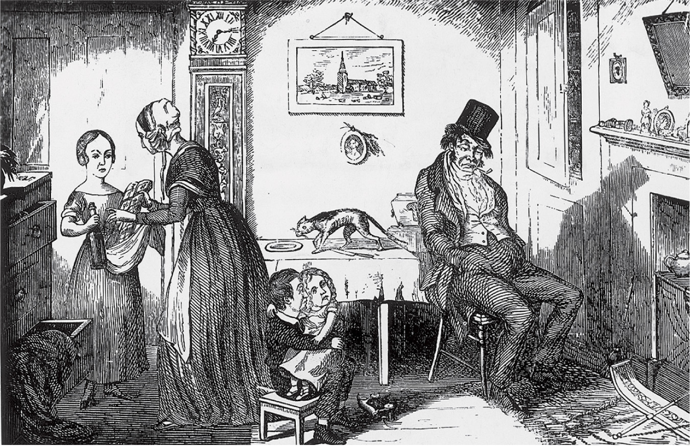 An engraving: A father sits
with his back to his family. Two small children huddle together as their mother and an older sister
find a bottle in a sack.