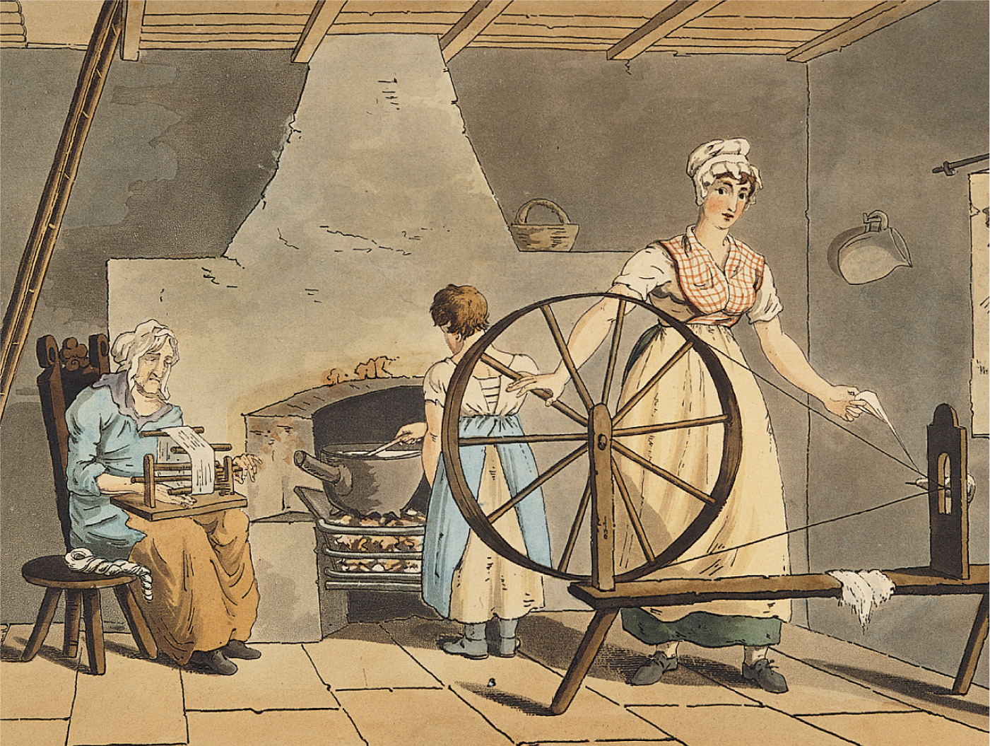 In a painting, a woman uses a
spinning wheel, while her daughter stirs a pot cooking in an open fireplace.