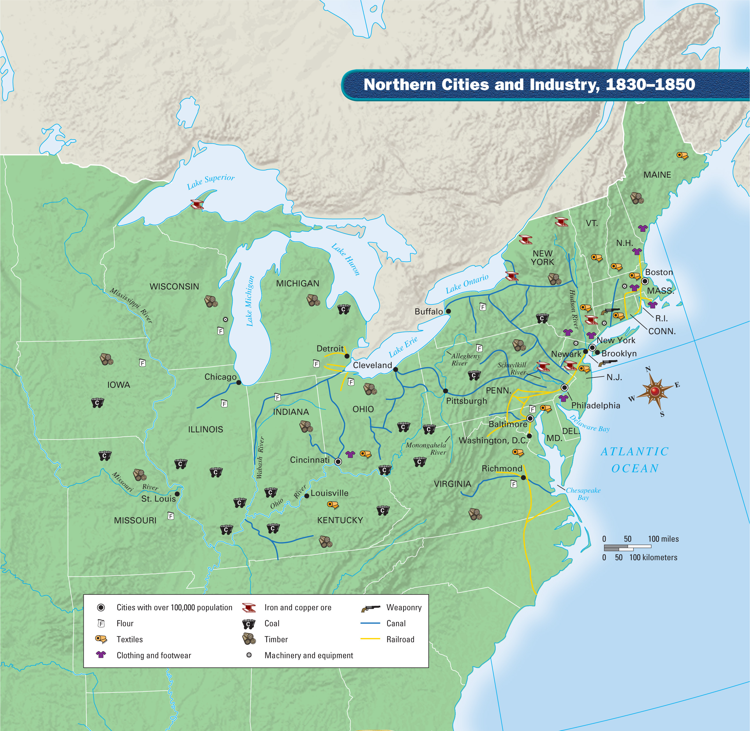 A map of northern and central U.S. shows New England and New York producing textiles, iron and copper ore, and clothing and footwear. Pennsylvania and the midwestern states primarily produce coal, flour, and timber.