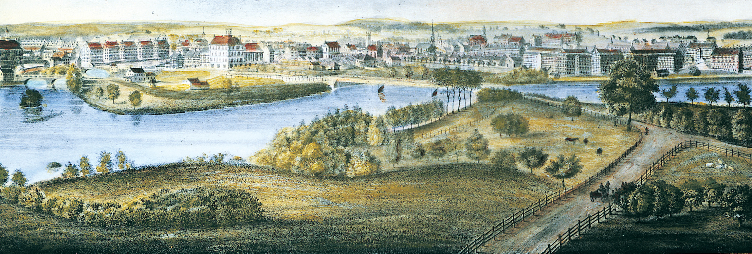 A painting shows dozens of factory buildings lining a wide
river.