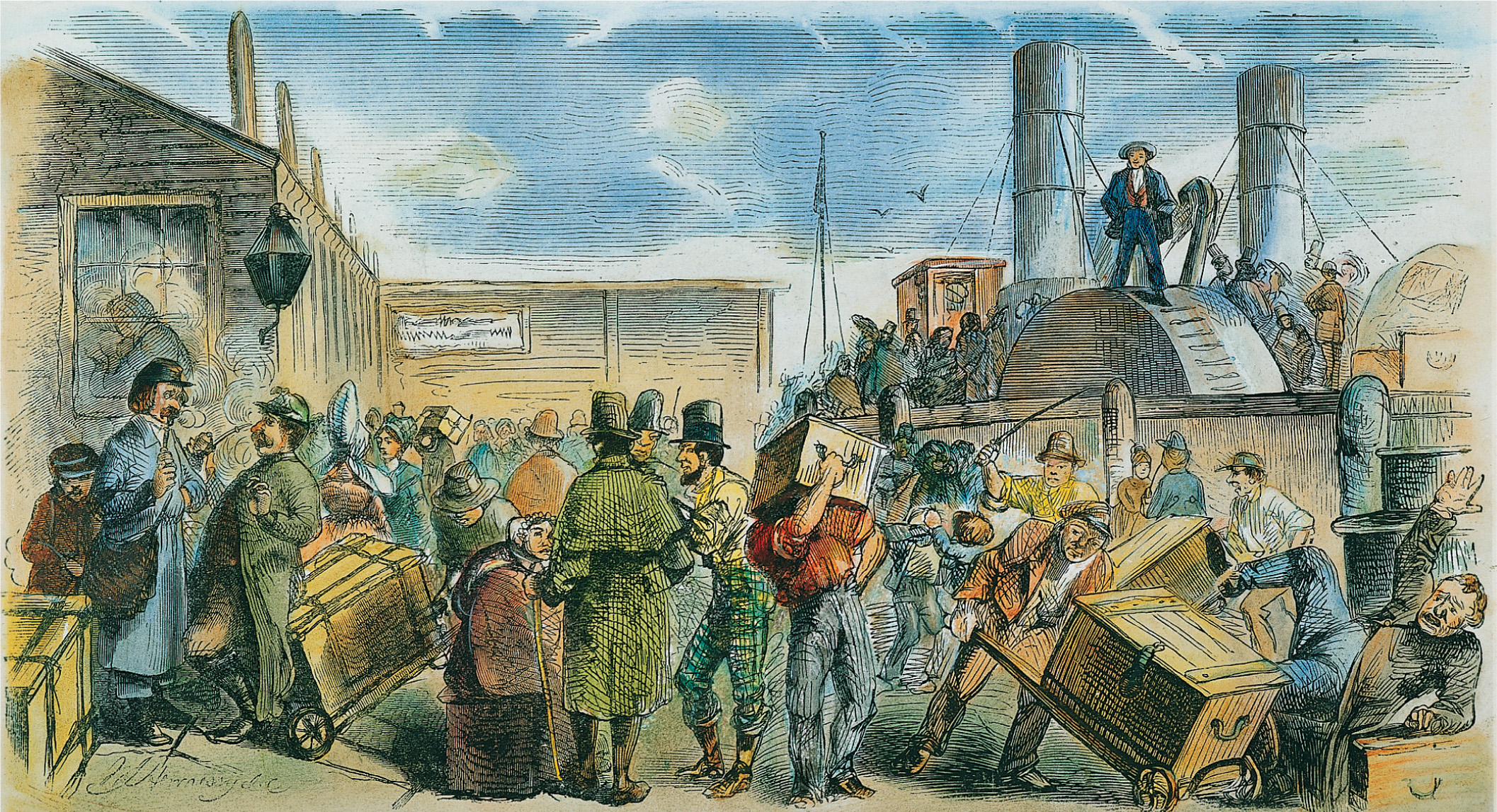 An illustration: people with
suitcases crowd a dock.