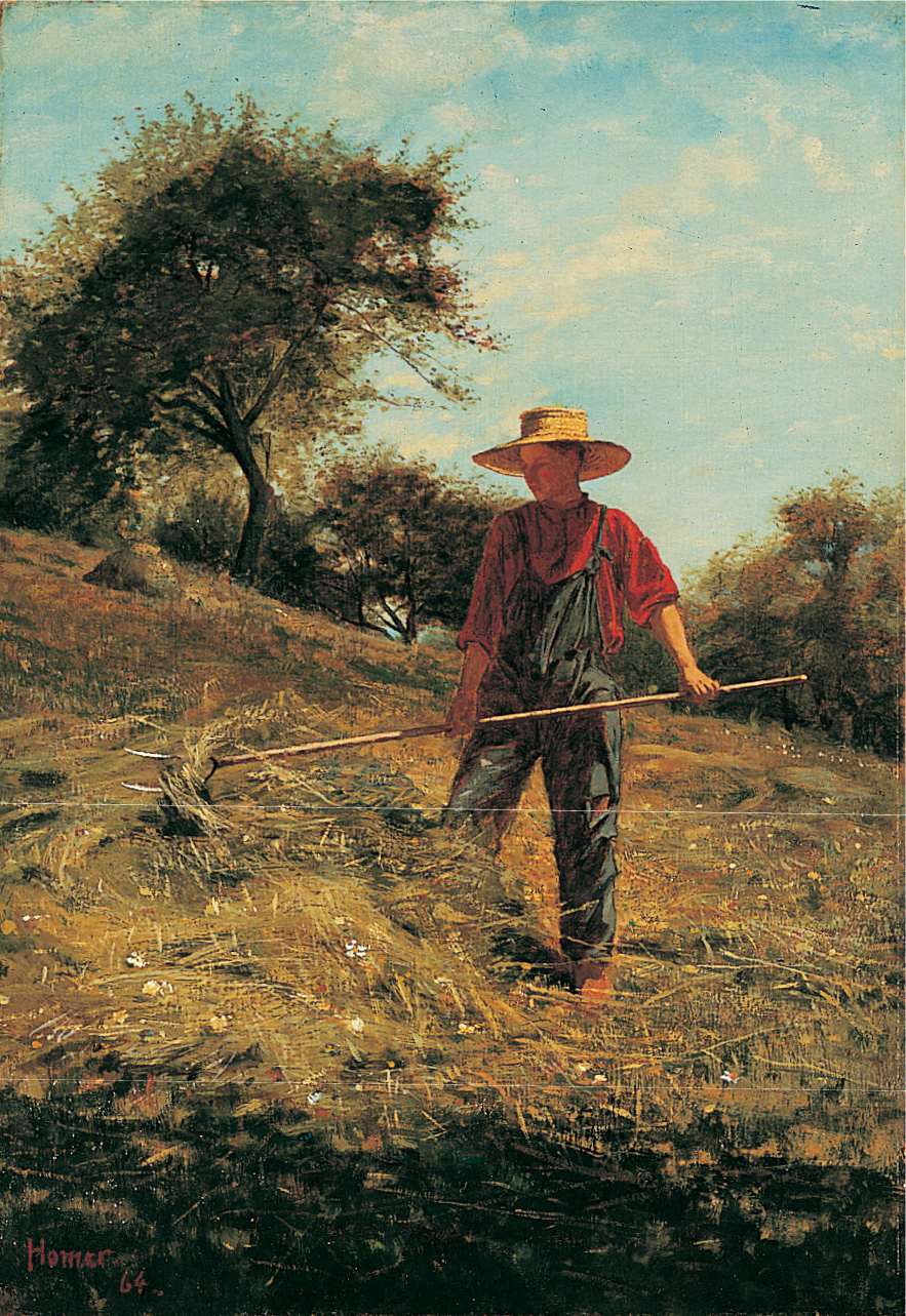 A painting shows a farmer in a
broad-brimmed straw hat stacking hay with a pitchfork.