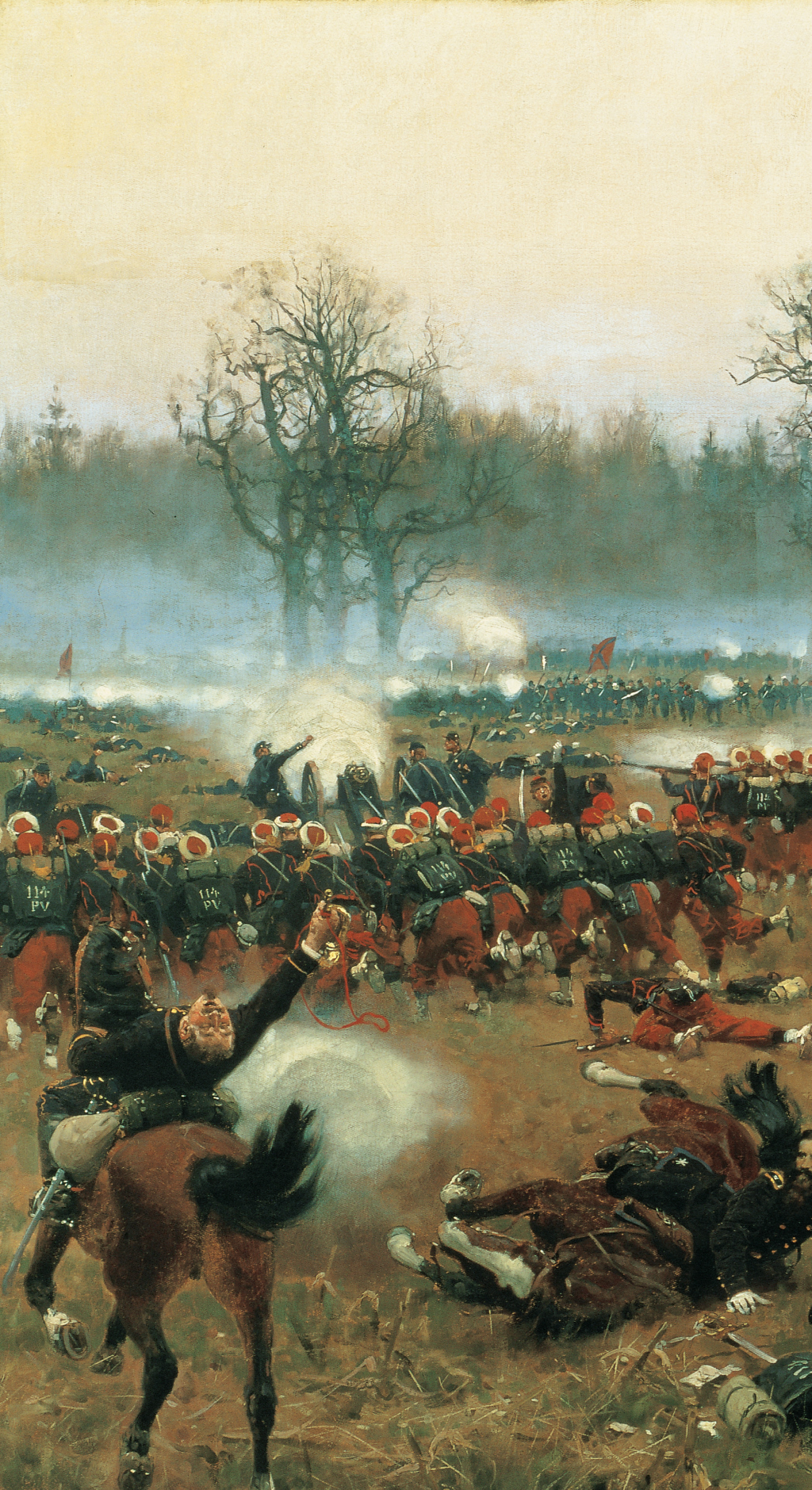 In a
painting of a battle, soldiers fire cannons at charging troops brandishing bayonnetted rifles. A man
on horseback waves a tattered American flag.