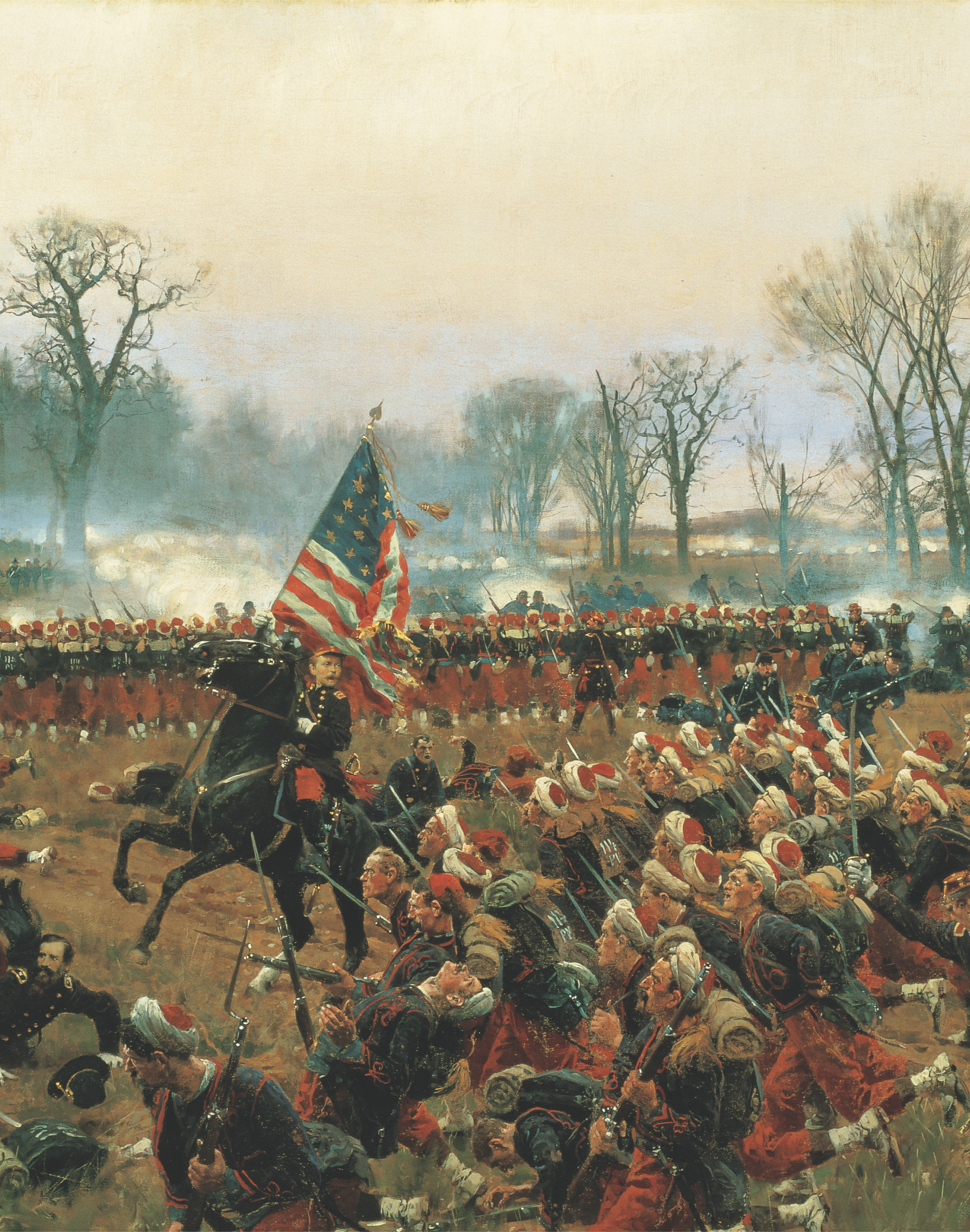 In a painting of a battle, soldiers fire cannons at charging
troops brandishing bayonnetted rifles. A man on horseback waves a tattered American flag.
