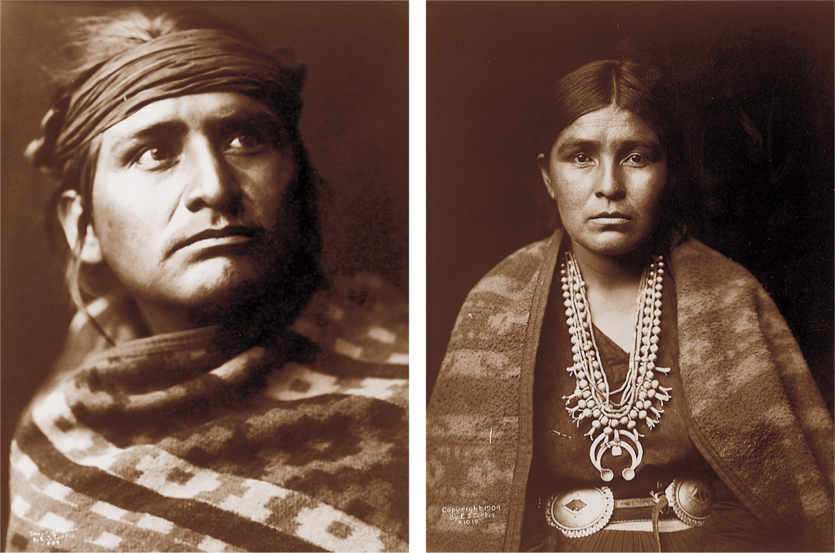 Two photos: a Navajo man and woman wear robes. The man wears a headband. The woman wears an elaborate silver necklace.