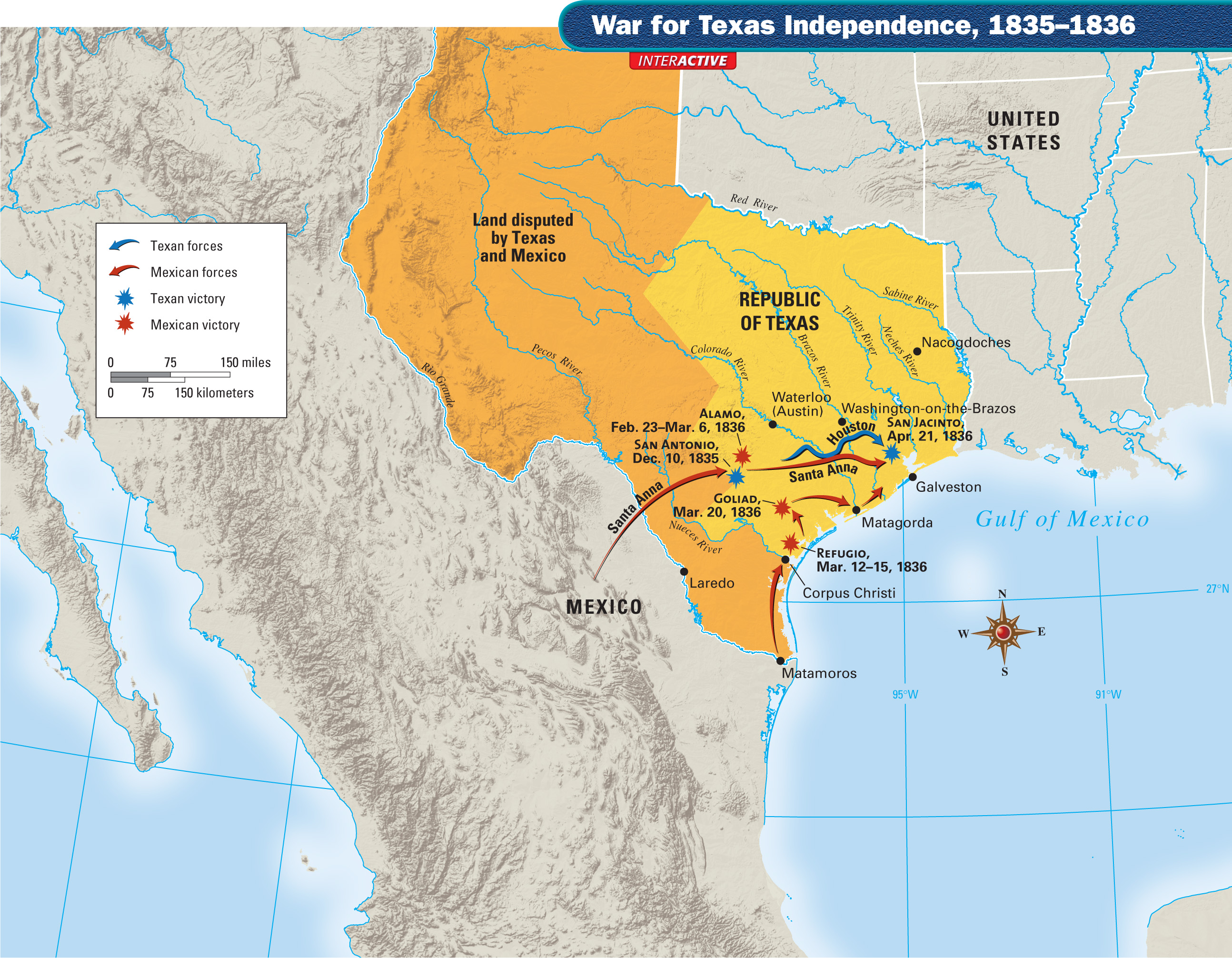A map is titled War for Texas Independence, 1835-1836.