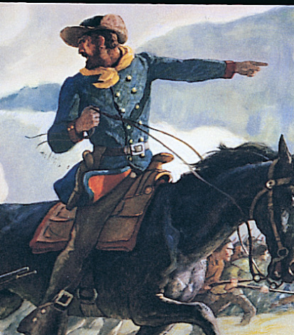 A painting: A bearded man on horseback wears a blue cavalry uniform.