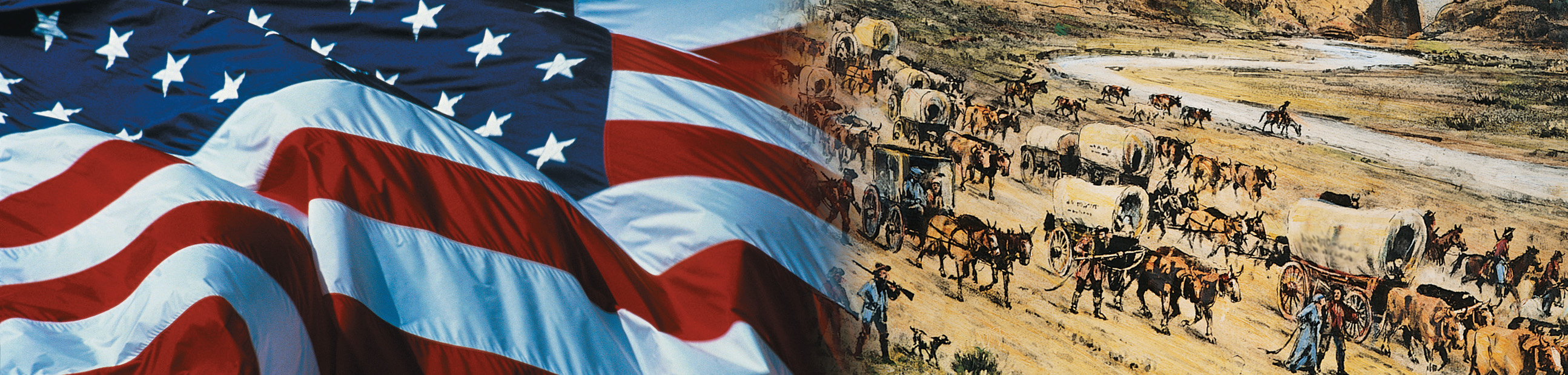 Banner: an American flag and a painting of settlers' horse-drawn covered wagons moving across the prairie.