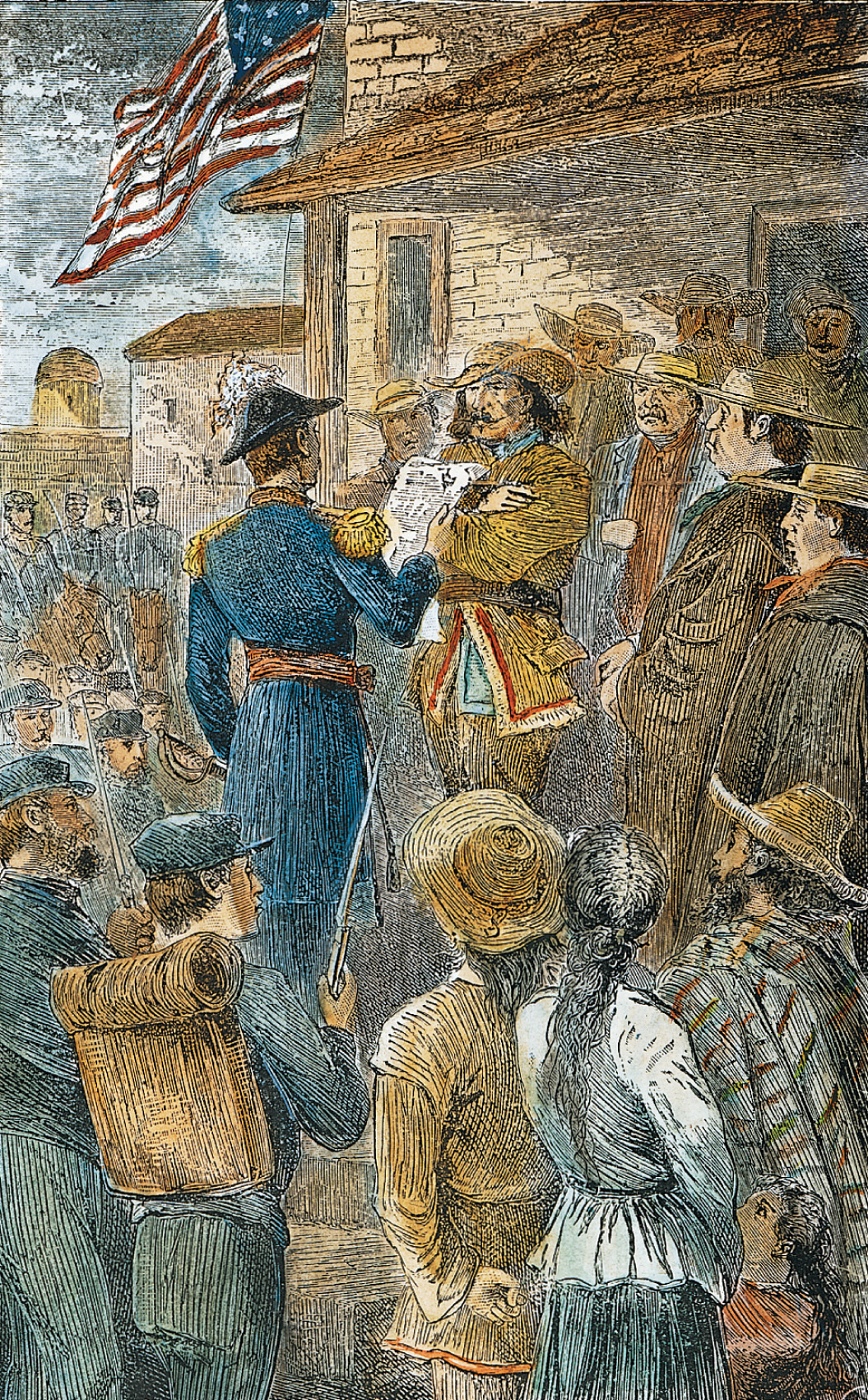 A color engraving: an officer reads a proclamation to civilians gathered outside a fort.
