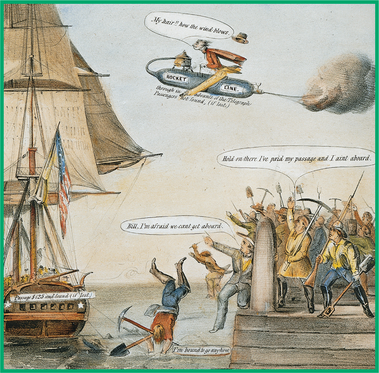 A cartoon shows a boat leaving a dock crowded with prospectors. One man rides a rocket through the sky.