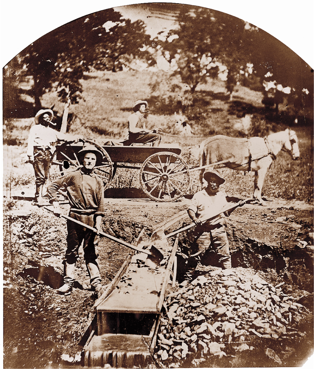A photo shows prospectors shoveling dirt and rocks.