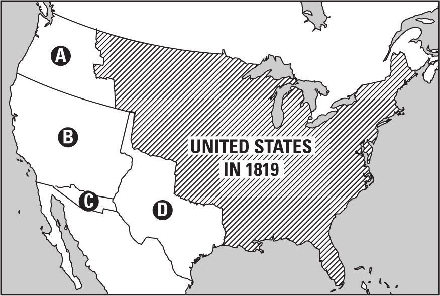A map shows the U.S. borders in 1819, and four other regions that are now part of the country. Region A is the Pacific Northwest, Region B includes the rest of the Pacific coast and California, Region C is a smaller territory along the Mexican border, and Region D includes present day Texas.
