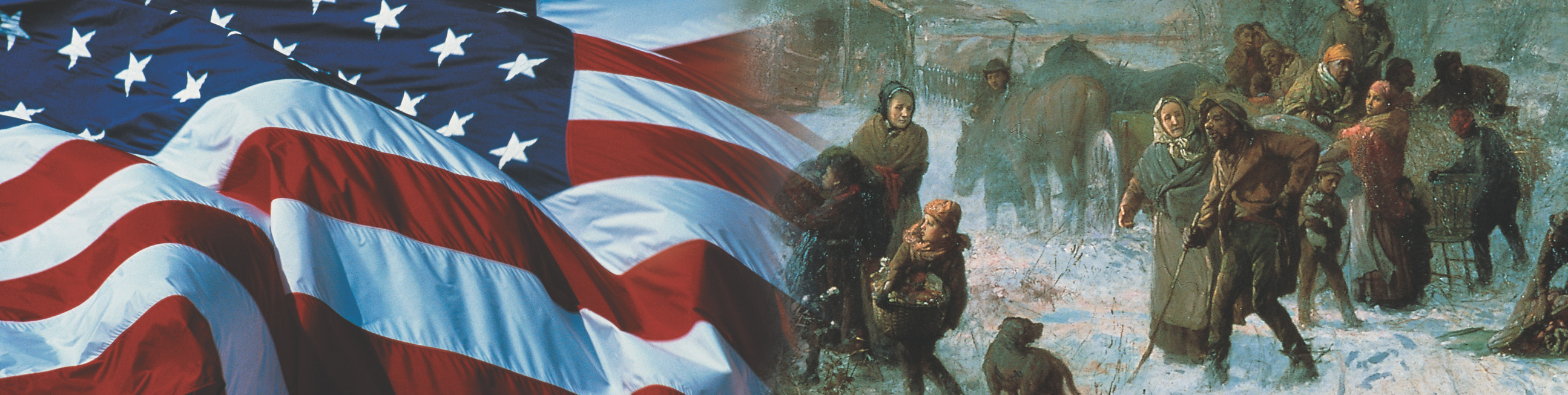 Banner: an American flag billows and a painting of families trudging through snow.