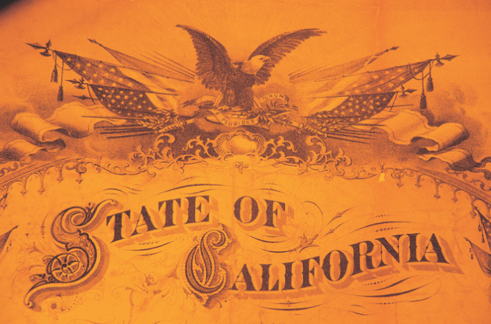 An illuistration shows an eagle and American flags above the words State of California.
