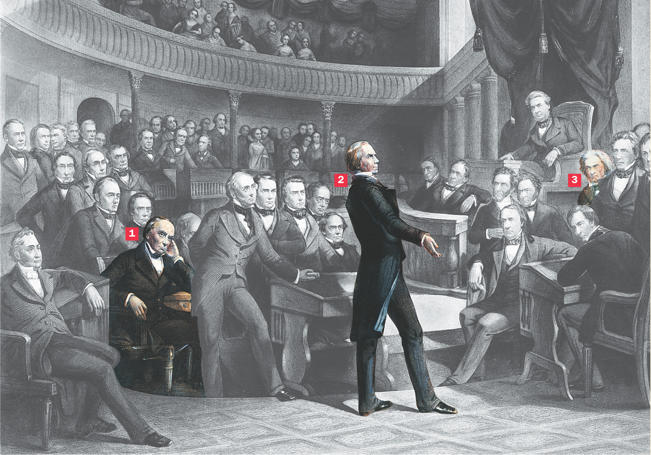 In a painting, Henry Clay stands before the Senate. Daniel Webster and John C. Calhoun watch with the other Senators.