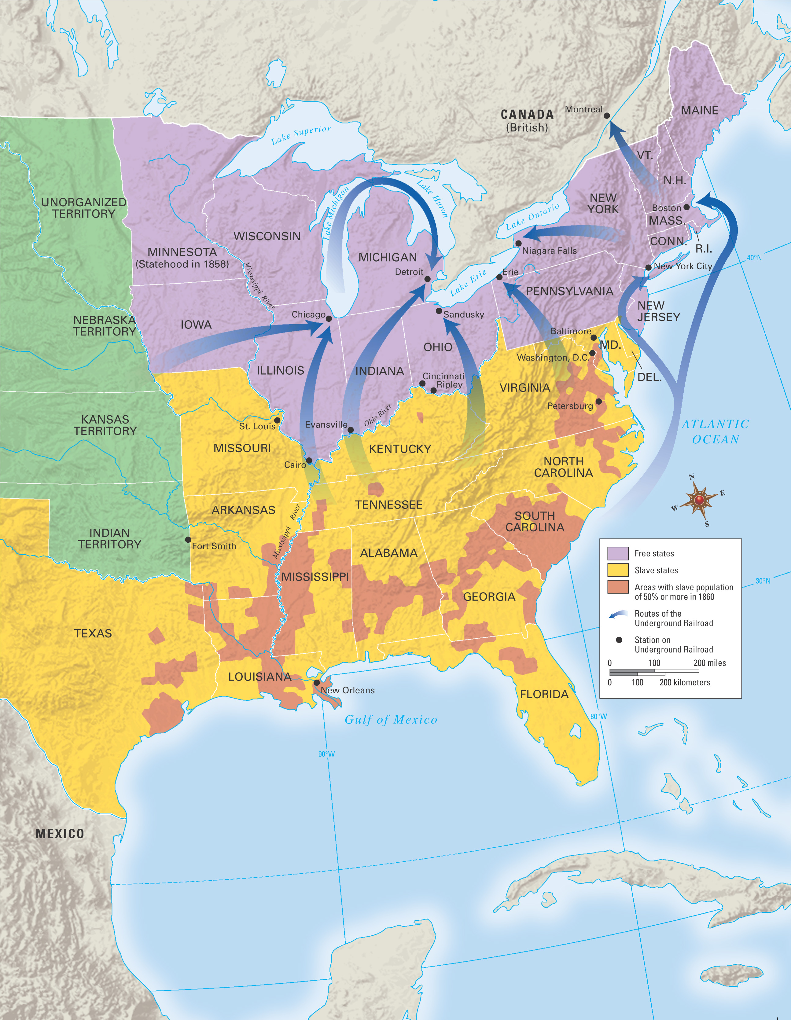 A map of the U.S. shows the routes of the Underground Railroad.