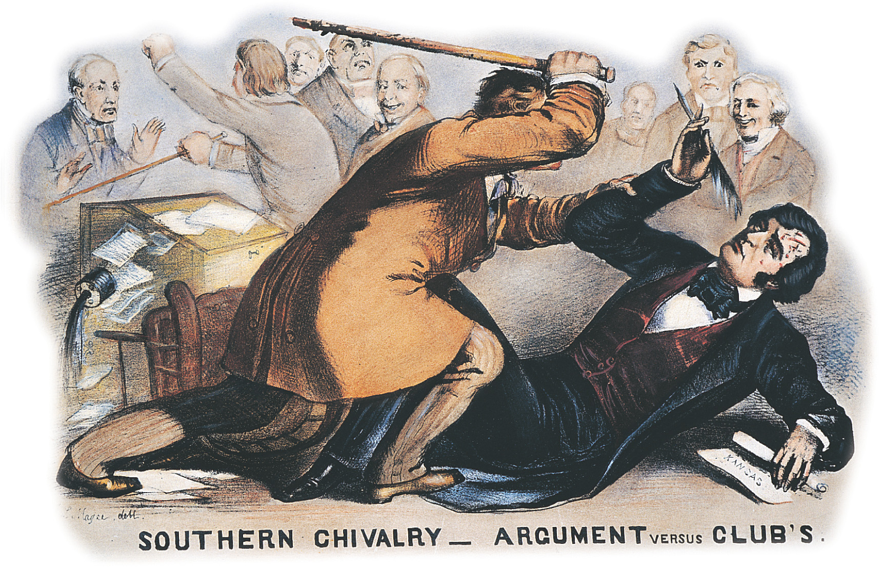 A cartoon shows a man with a cane attacking another man who holds a quill pen. The caption reads Southern chivalry- argument versus clubs.