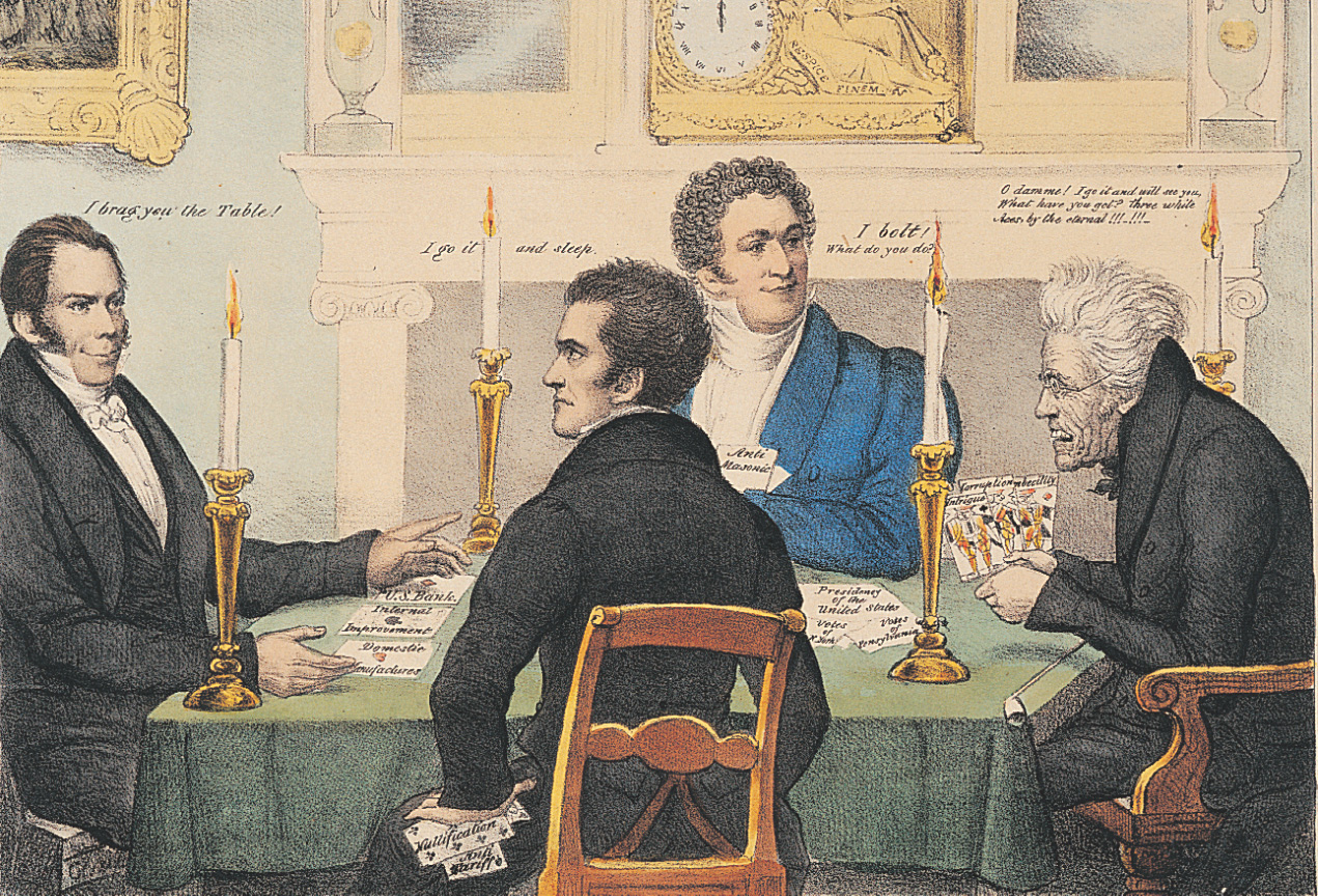 A cartoon shows an aged and withered Andrew Jackson playing cards with John C. Calhoun and two other men.