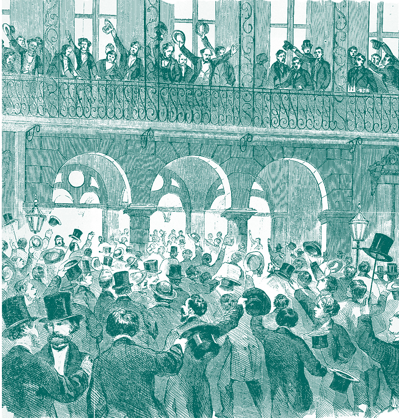 Ana crowd of  illustration shows men raising their hats and cheering outside a large hotel.