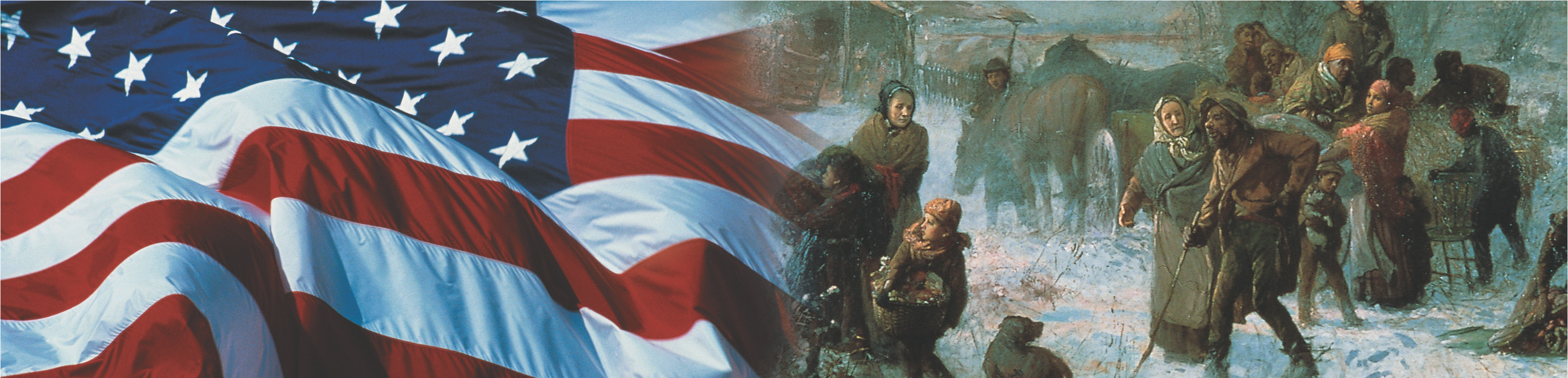 Banner: an American flag billows and a painting of families trudging through snow.
