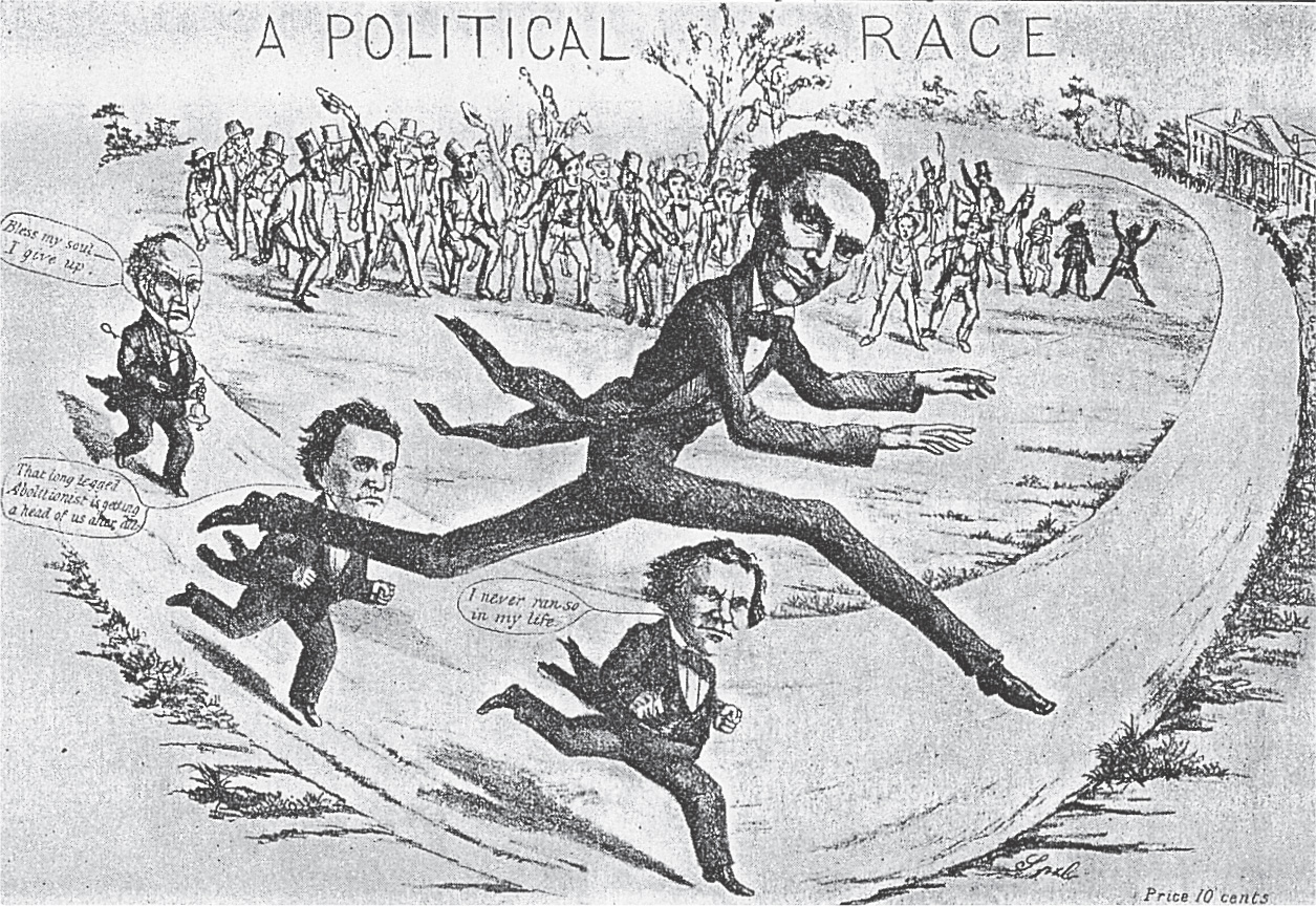 A political cartoon titled A Political Race shows the candidates in a footrace around a track. Lincoln leaps high over the others and takes the lead.