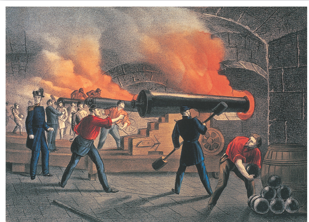 Union troops fire cannons inside Fort Sumter.