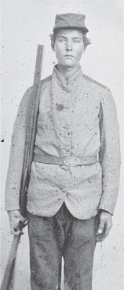 A photo shows a young Confederate soldier holding a rifle.