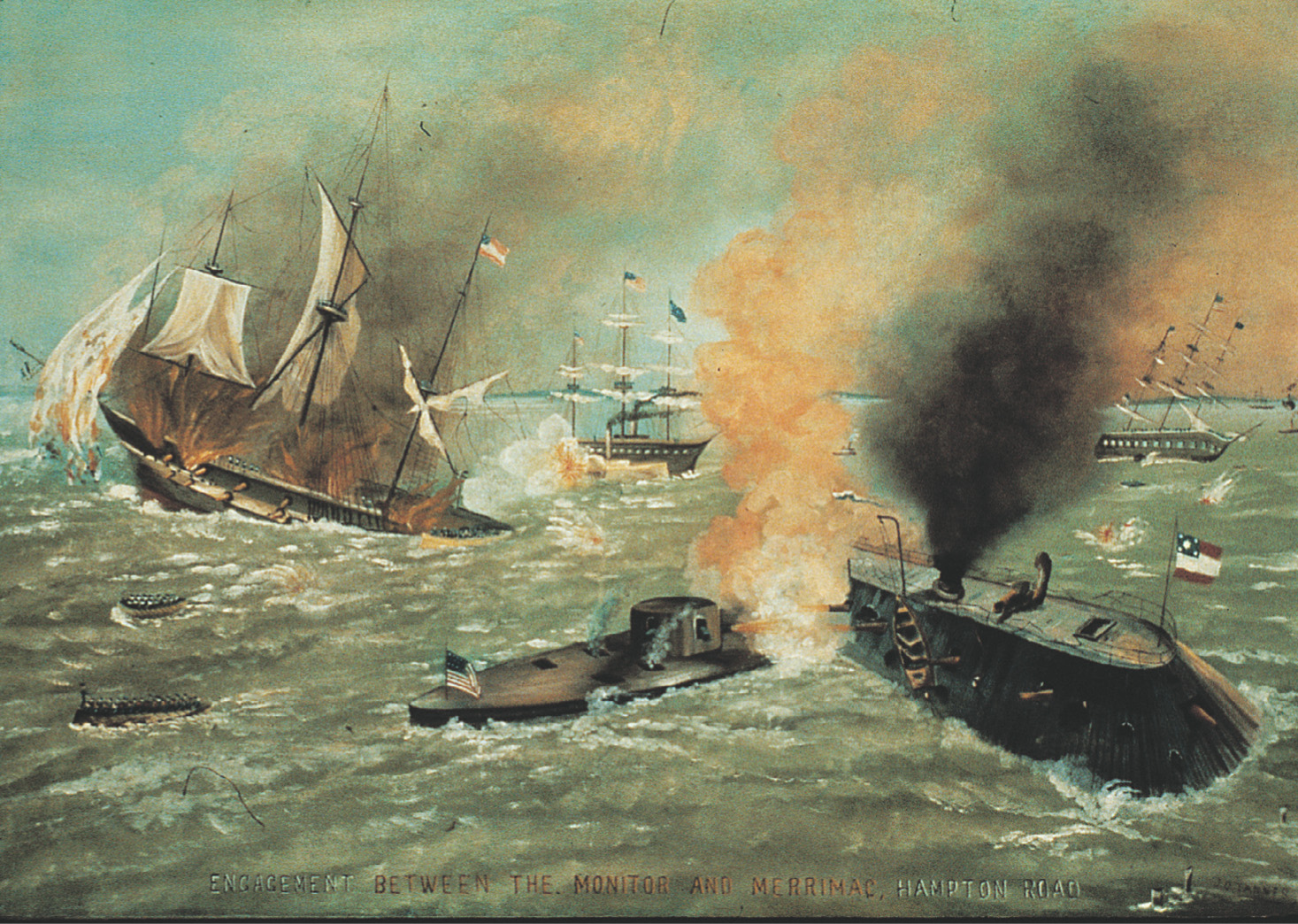 A painting: the iron-covered ships the Monitor and the Merrimack fire at one another in a sea battle. Nearby, a wooden sailing ship sinks.