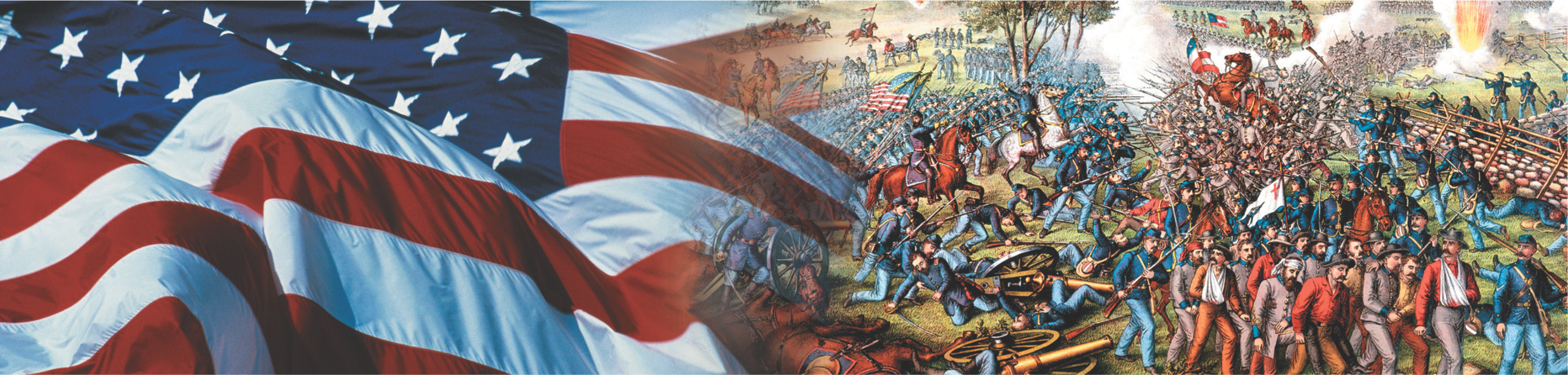 Banner: an American flag and a painting of Union and Confederate armies fighting on a battlefield.