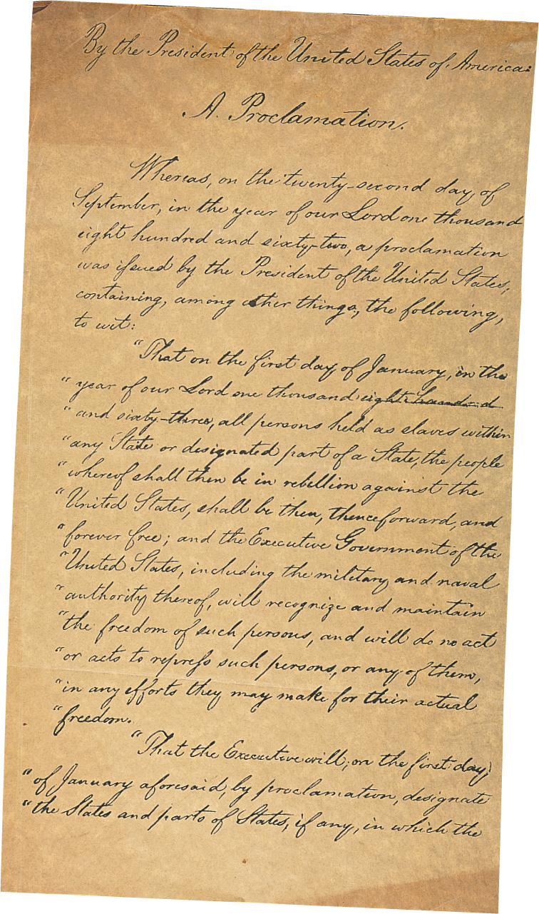 A photo of the handwritten Emancipation Proclaimation document.