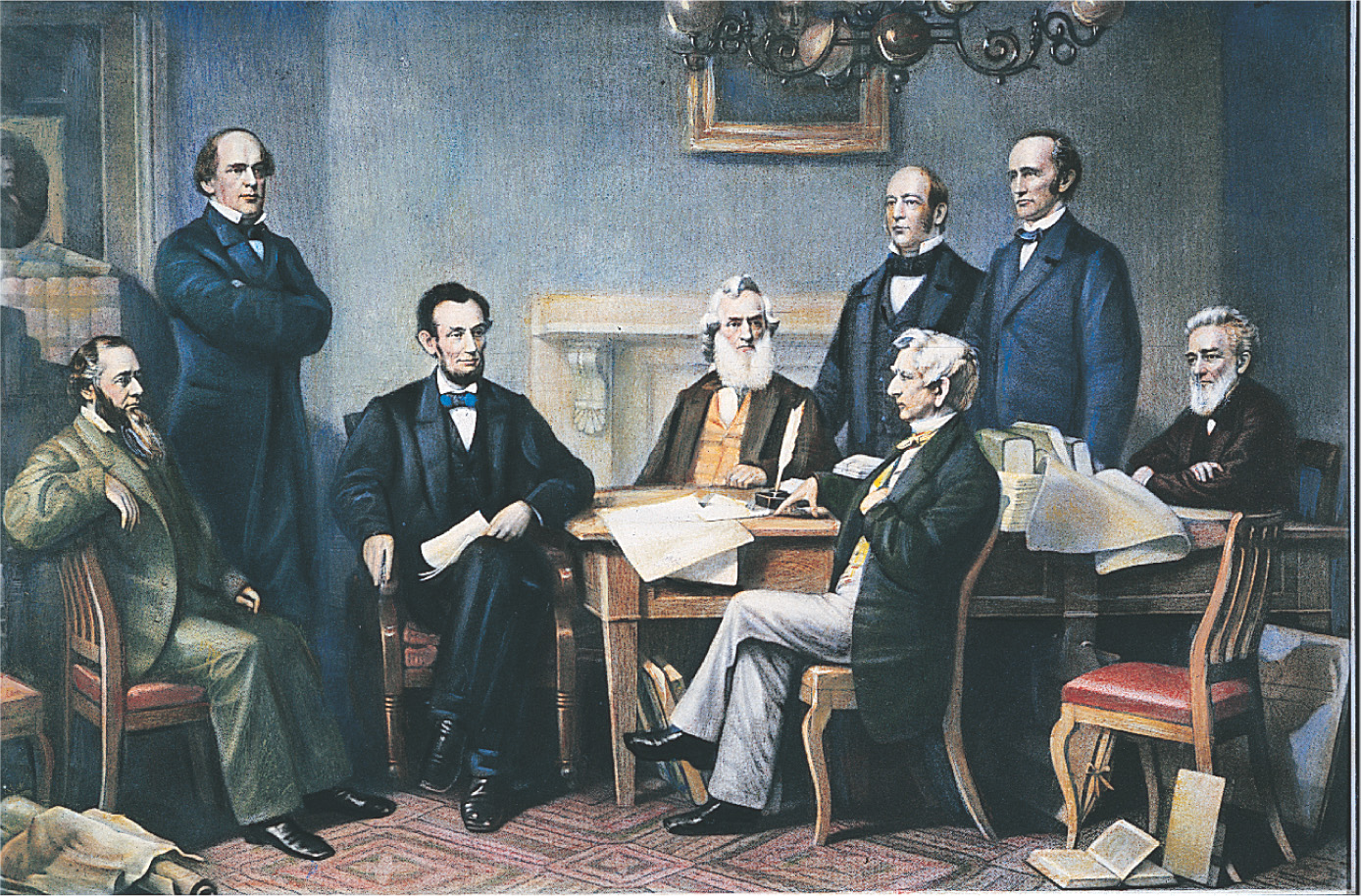 A painting: Lincoln meets with advisors.