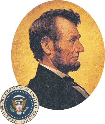 A portrait of Lincoln is adorned with the presidential seal of the U.S.