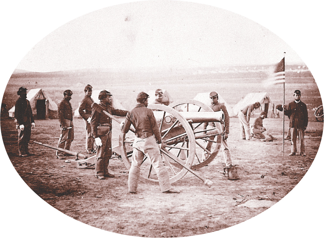African American soldiers in Union uniforms aim a cannon.