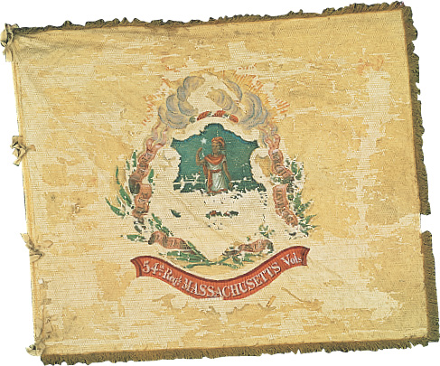 A tattered military flag reads 54th Reg. Massachusetts Vols.