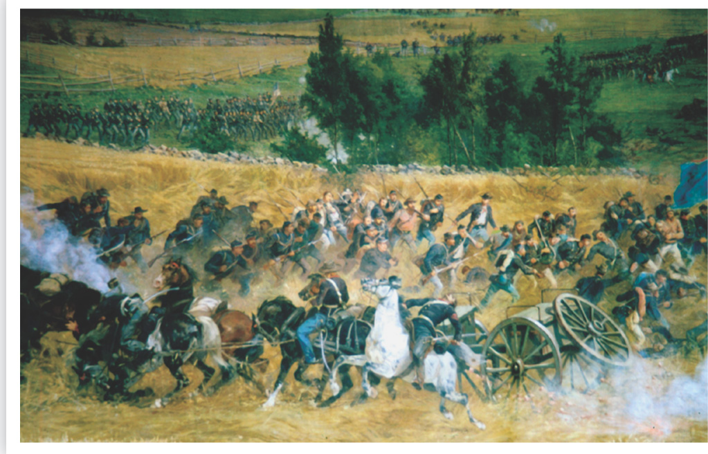 A painting shows soldiers charging across a battlefield.