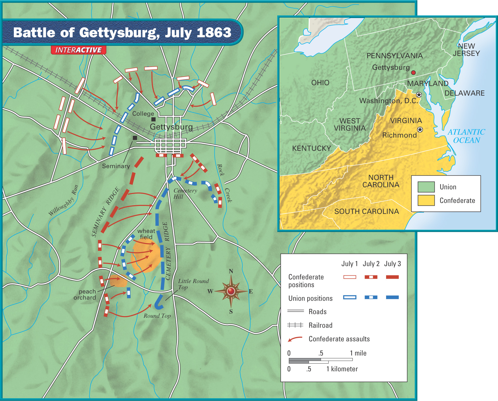 A map shows the Battle of Gettysburg.