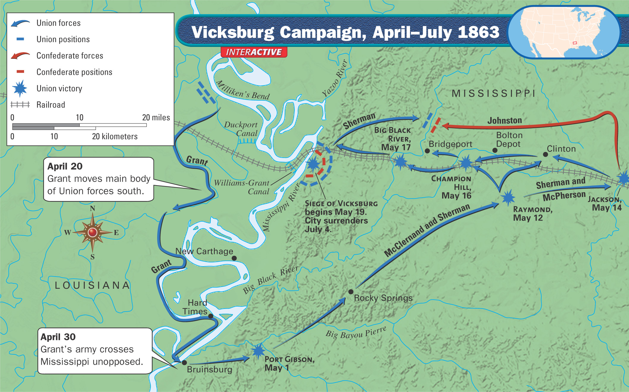 A map titled the Vicksburg Campaign, April-July 1863.
