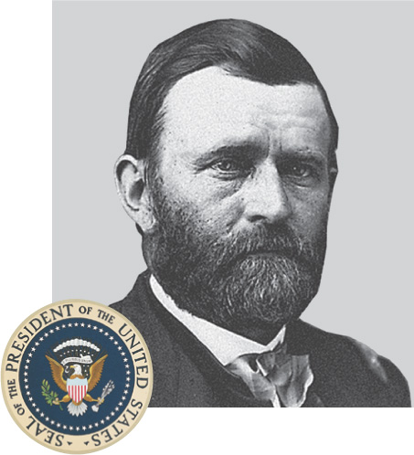 A porttrait of Grant is adorned with the U.S. presidential seal.